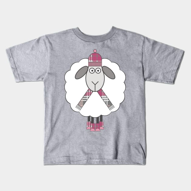 Cosy Winter Sheep With Pink, Grey and White Tartan Hat, Scarf and Boots Kids T-Shirt by MacPean